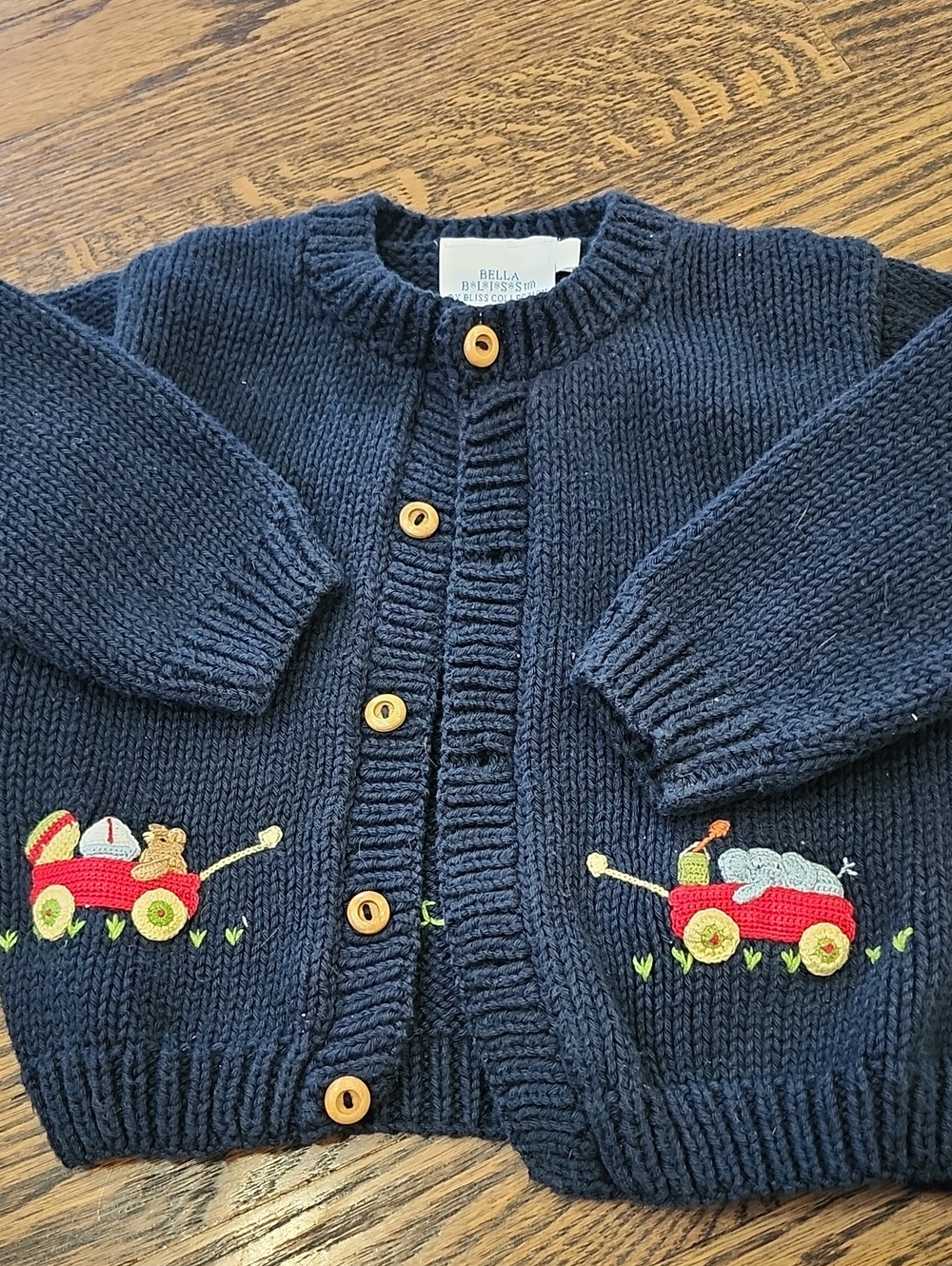 Vintage Bella Bliss Navy Knit Baby Cardigan with Red Wagon Embroidery Baby 12m